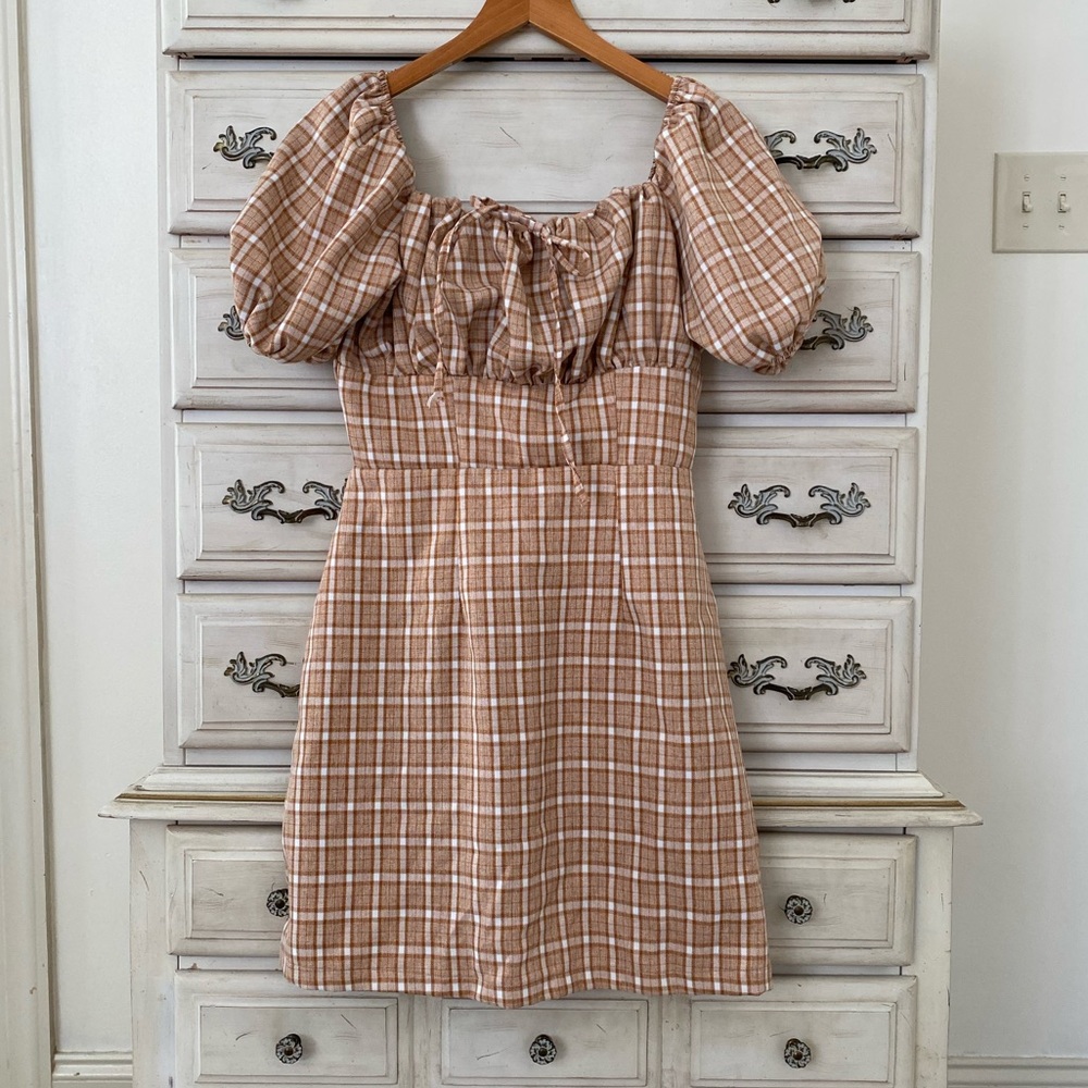 Vici Plaid Tan Dress